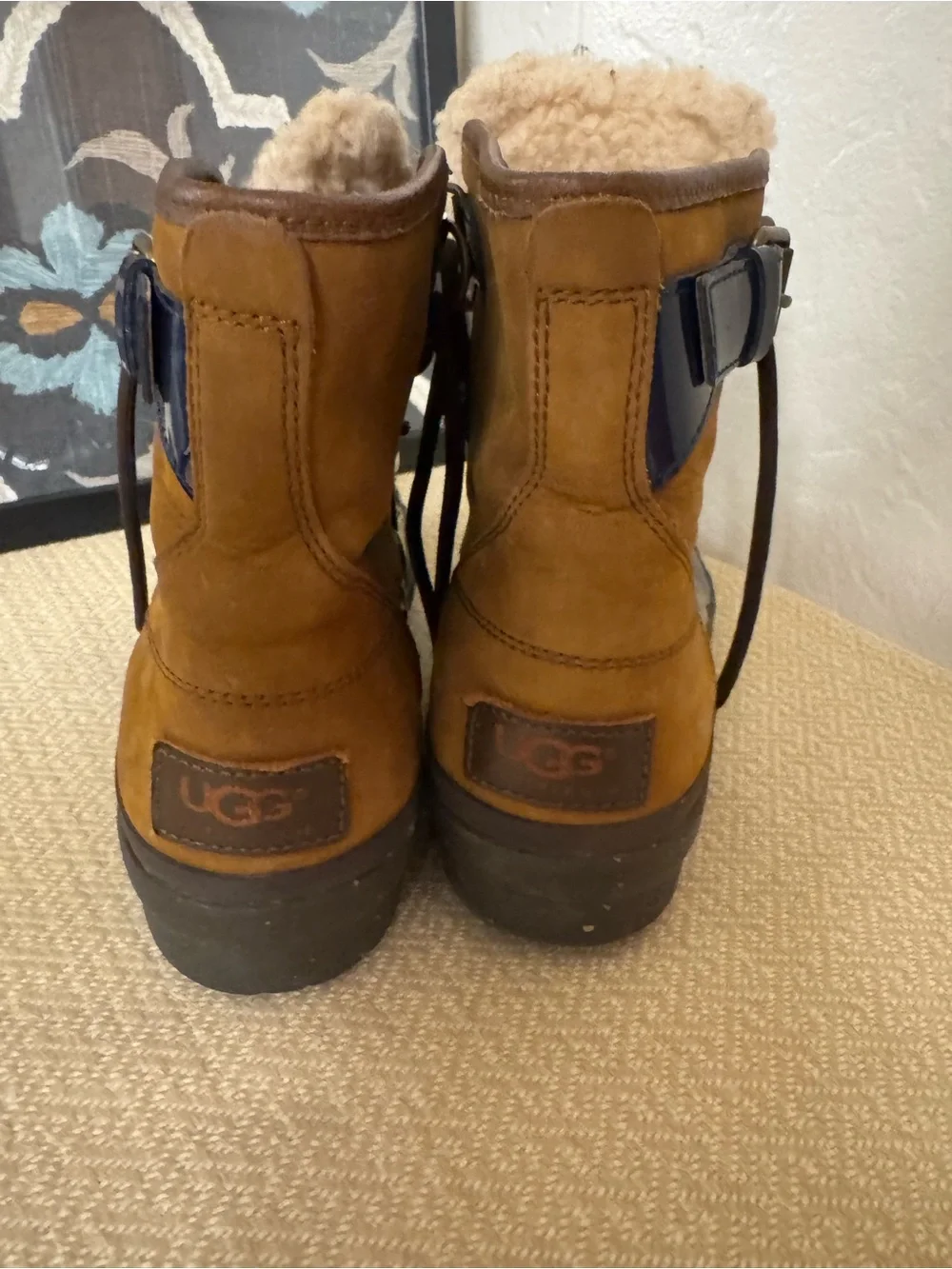 UGG Waterproof Duck Boots Brown & Navy Blue Lace Up Size 8 Women